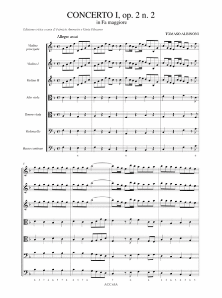 6 Concertos ‘a cinque’ Op. 2 for principal Violin, 2 Violins, 2 Violas, Violoncello and Continuo - Vol. I: Concerto I in F major, Op. 2 No. 2. Critical Edition
