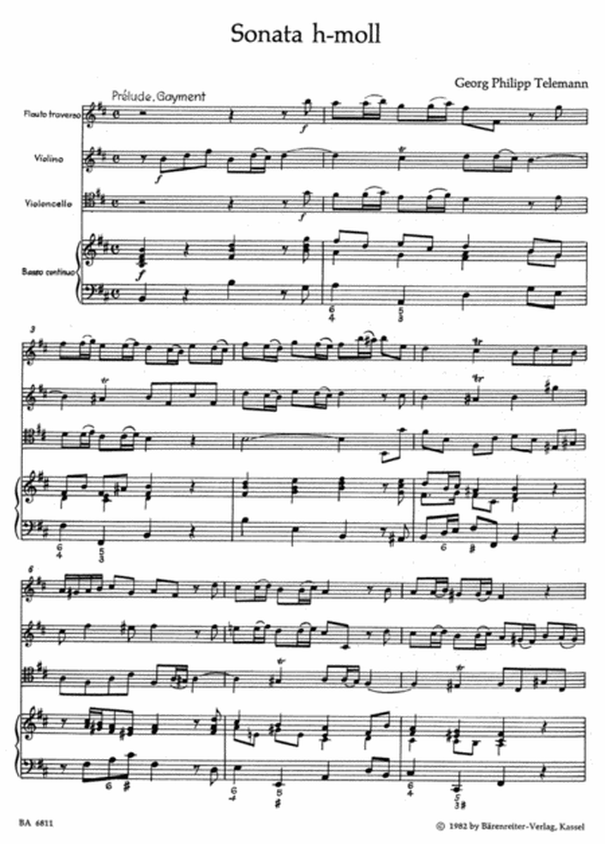 Sonata for Flute, Violin, Violoncello (Viol) and Basso continuo b minor TWV 43:h1