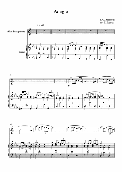 Adagio (In G Minor), Tomaso Giovanni Albinoni, For Alto Saxophone & Piano image number null