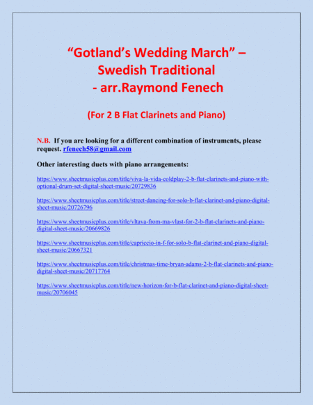 Gotland's Wedding March - Traditional - 2 B Flat Clarinets and Piano image number null