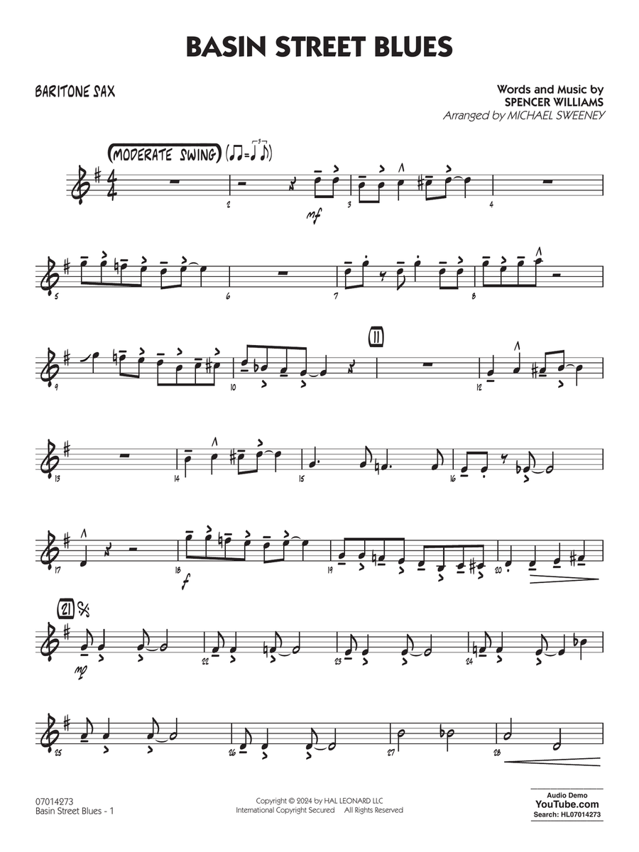 Basin Street Blues (arr. Michael Sweeney) - Baritone Sax Jazz Ensemble scores gallery preview page 1