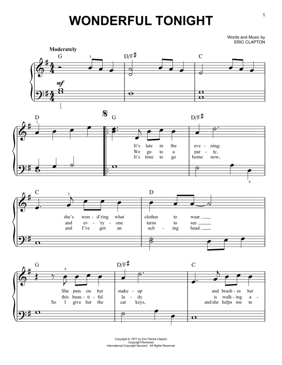 Wonderful Tonight Easy Piano scores gallery preview page 1