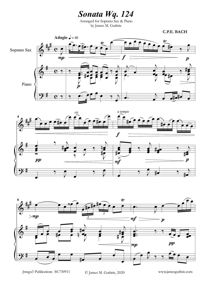 CPE BACH: Sonata in E Minor WQ124 for Soprano Sax & Piano
