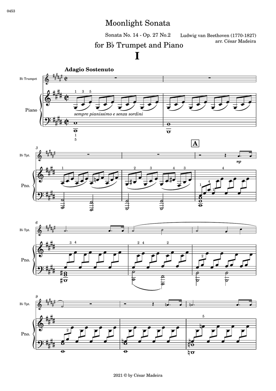 Moonlight Sonata by Beethoven 1 mov. - Bb Trumpet and Piano (Full Score and Parts) B-Flat Trumpet scores gallery preview page 2