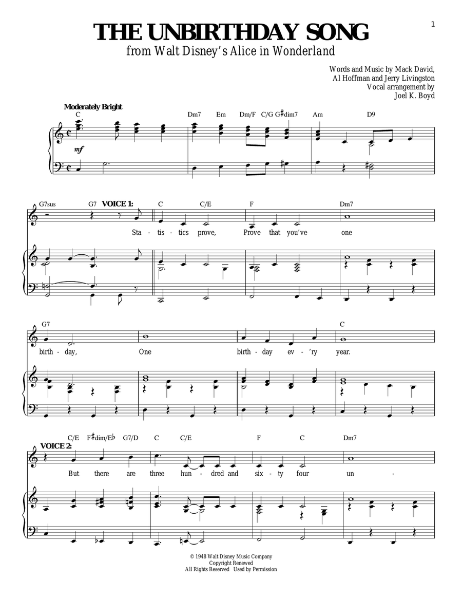 The Unbirthday Song (from Alice In Wonderland) Vocal Duet scores gallery preview page 1