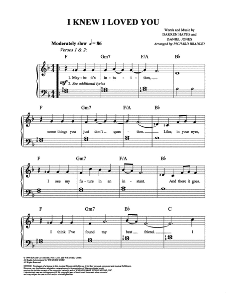I Knew I Loved You Easy Piano scores gallery preview page 1