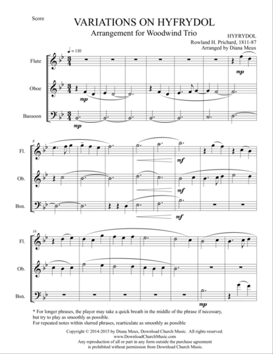 Variations on Hyfrydol for Woodwind Trio (Flute, Oboe, Bassoon) Woodwind Trio scores gallery preview page 1