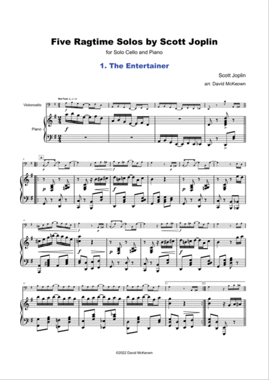 Five Ragtime Solos by Scott Joplin for Cello and Piano