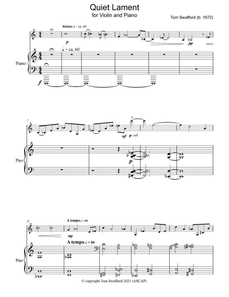 Quiet Lament for violin and piano Violin Solo scores gallery preview page 1
