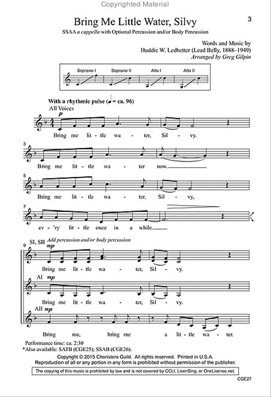 Bring Me Little Water, Silvy (SSAA a cappella with opt. percussion) SSAA scores gallery preview page 2