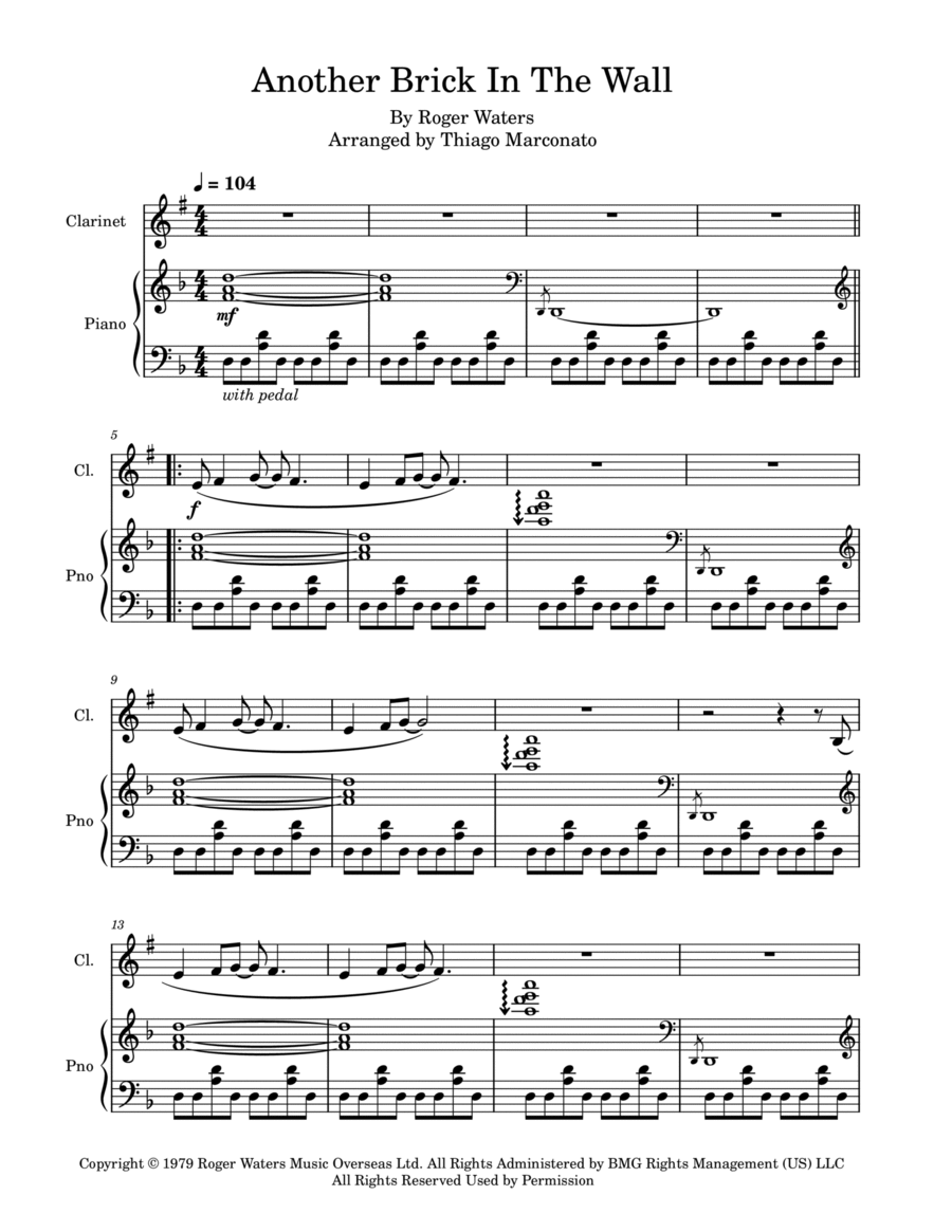 Another Brick In The Wall B-Flat Clarinet scores gallery preview page 1