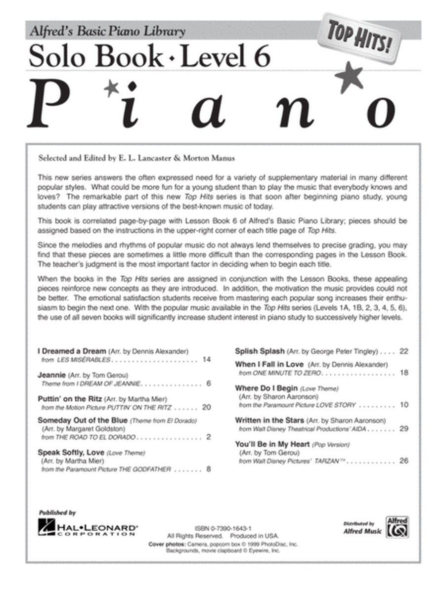 Alfred's Basic Piano Library Top Hits! Solo Book, Book 6