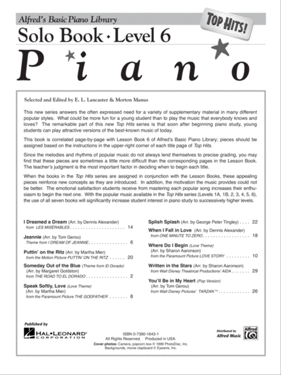 Alfred's Basic Piano Library Top Hits! Solo Book, Book 6 Piano Method scores gallery preview page 2