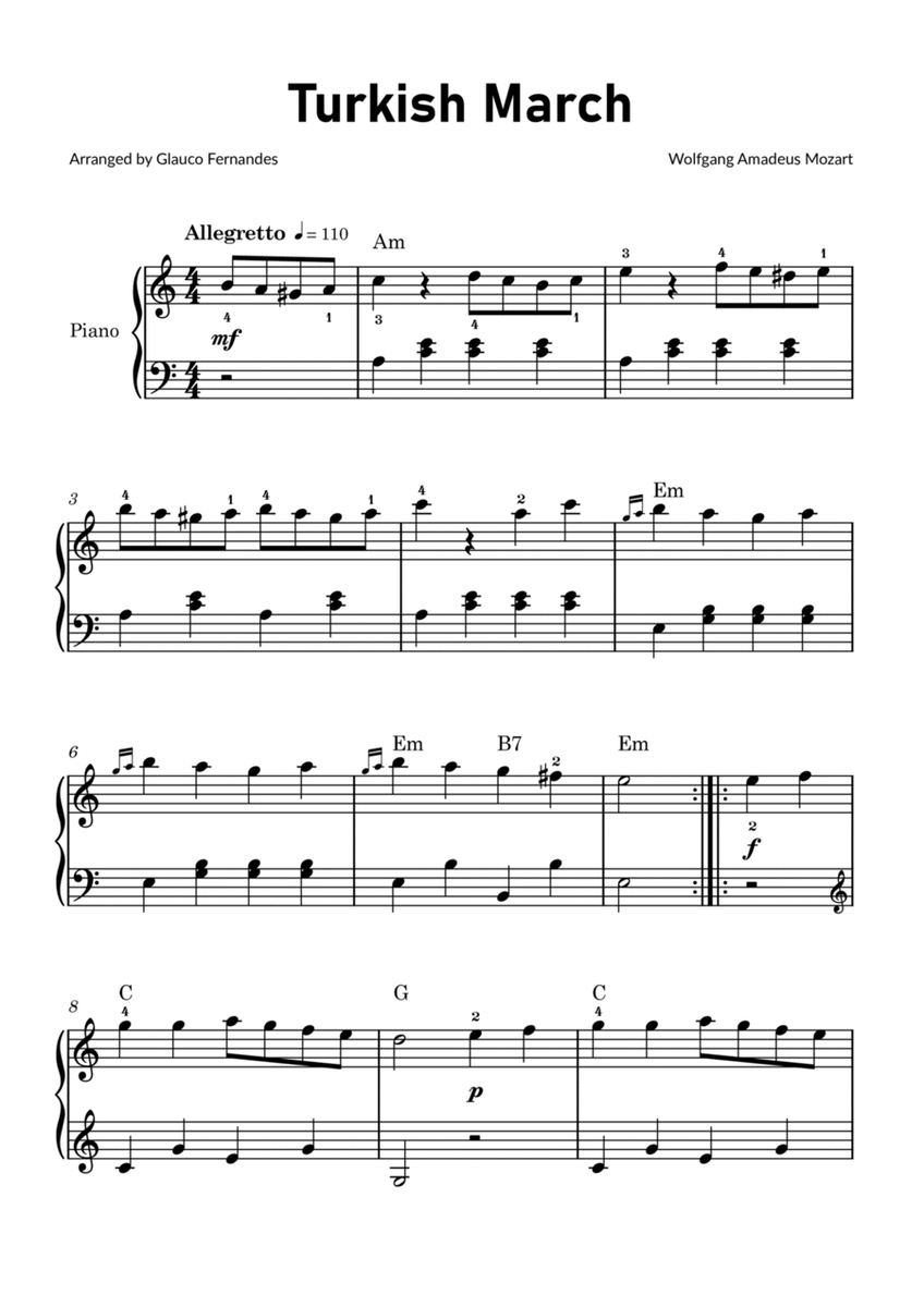 Turkish March by Mozart - Easy Piano with Chords image number null