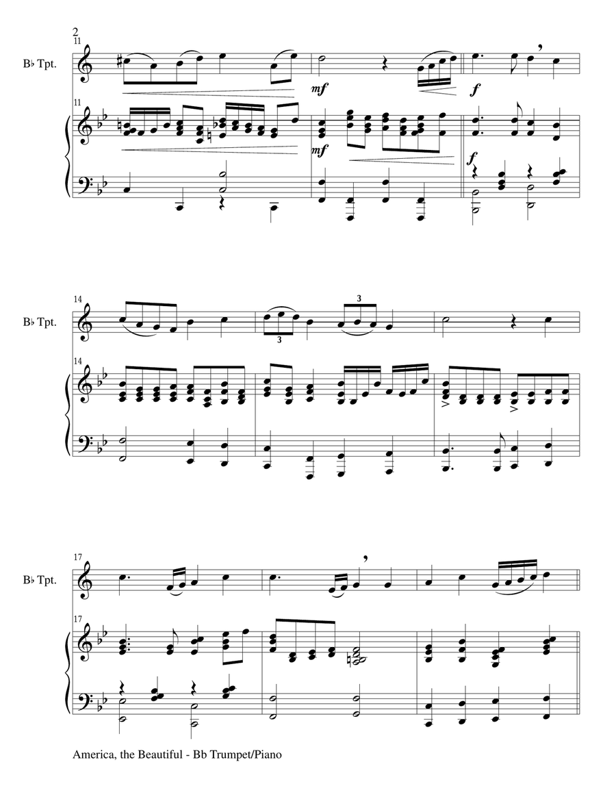 AMERICA, THE BEAUTIFUL (Duet – Bb Trumpet and Piano/Score and Parts) Trumpet Duet scores gallery preview page 2
