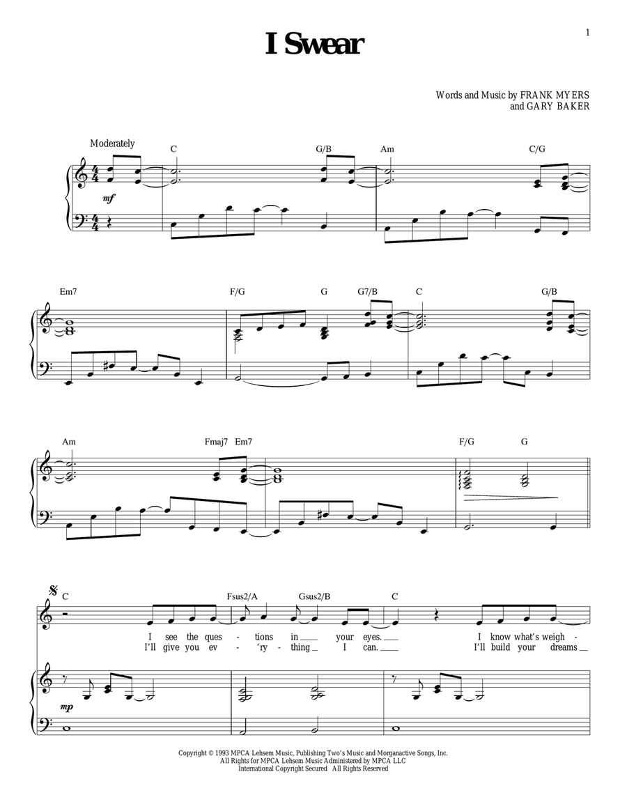 I Swear Piano, Vocal scores gallery preview page 1