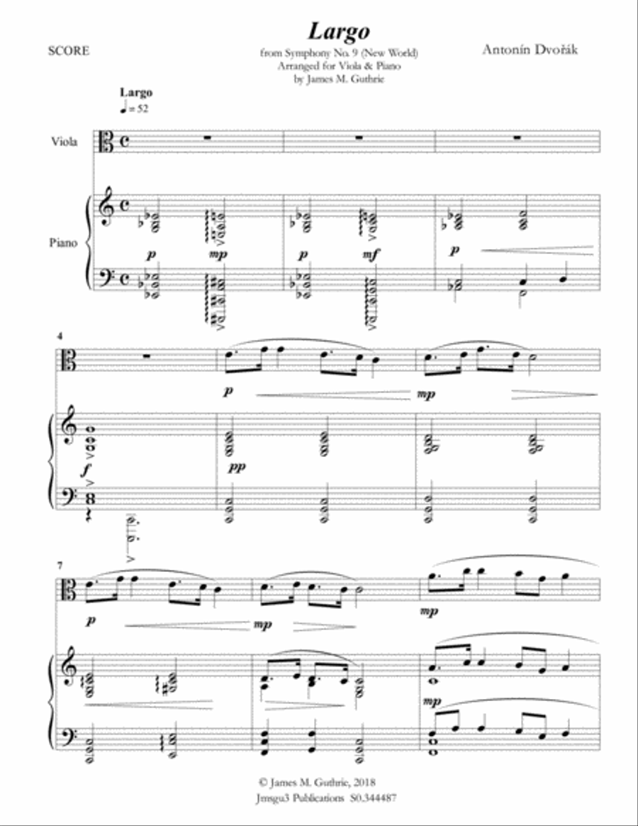 Dvořák: Largo from the New World Symphony for Viola & Piano Viola scores gallery preview page 1