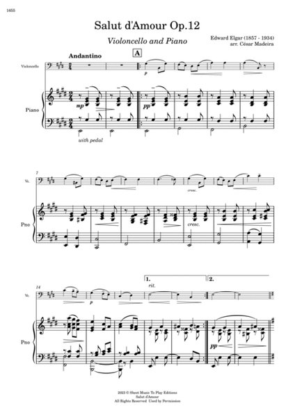 Salut d'Amour by Elgar - Cello and Piano (Full Score and Parts) image number null