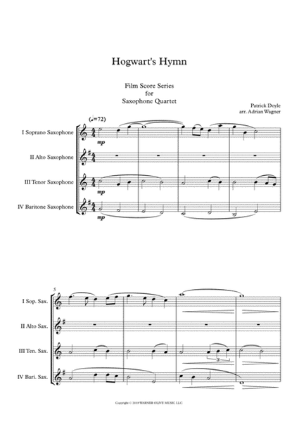 Harry Potter "Hogwart's Hymn" Saxophone Quartet (SATB) arr. Adrian Wagner image number null