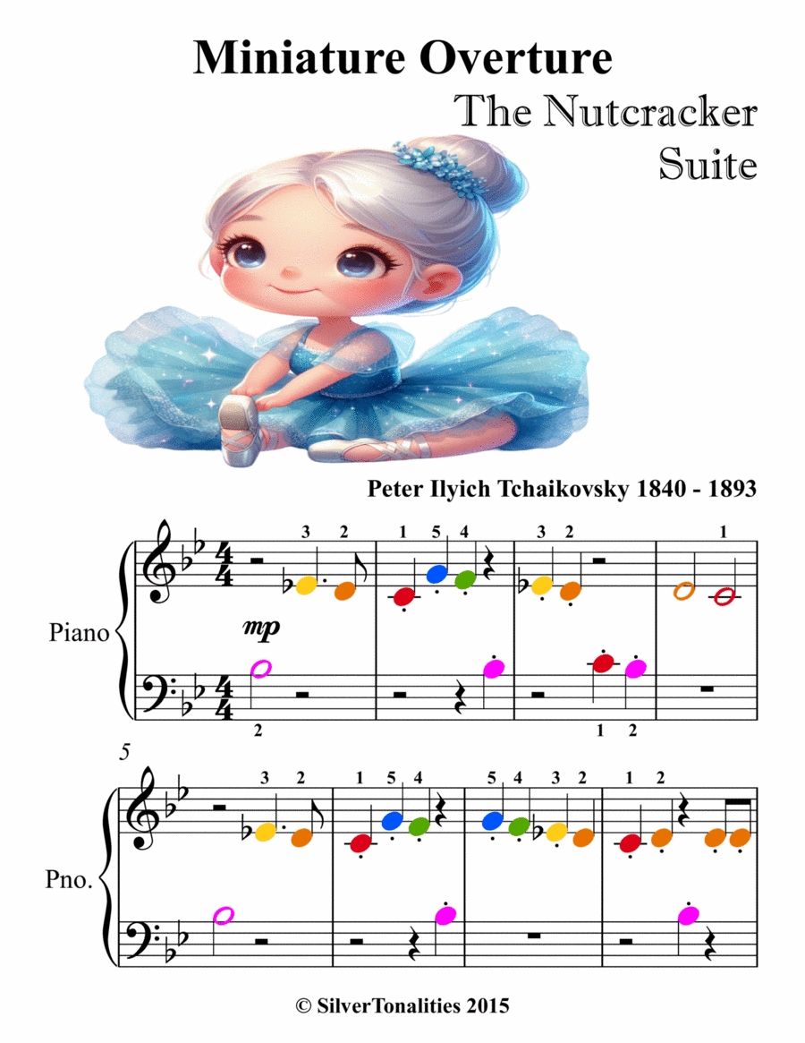 Miniature Overture Nutcracker Beginner Piano Sheet Music with Colored Notation Piano Method scores gallery preview page 1