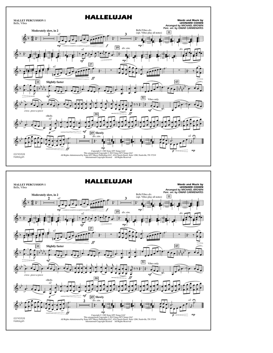 Hallelujah - Mallet Percussion 1 Marching Band scores gallery preview page 1