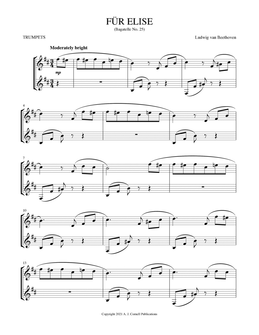Für Elise (Bagatelle No. 25) Trumpet Duet scores gallery preview page 1
