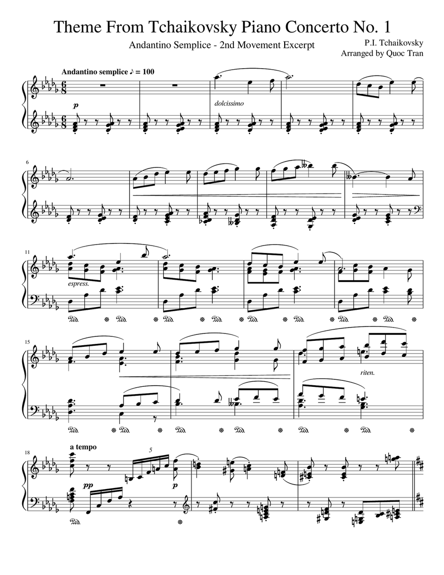 Theme from Tchaikovsky Piano Concerto No. 1 - Andantino Semplice - 2nd Movement Excerpt Piano Solo scores gallery preview page 1