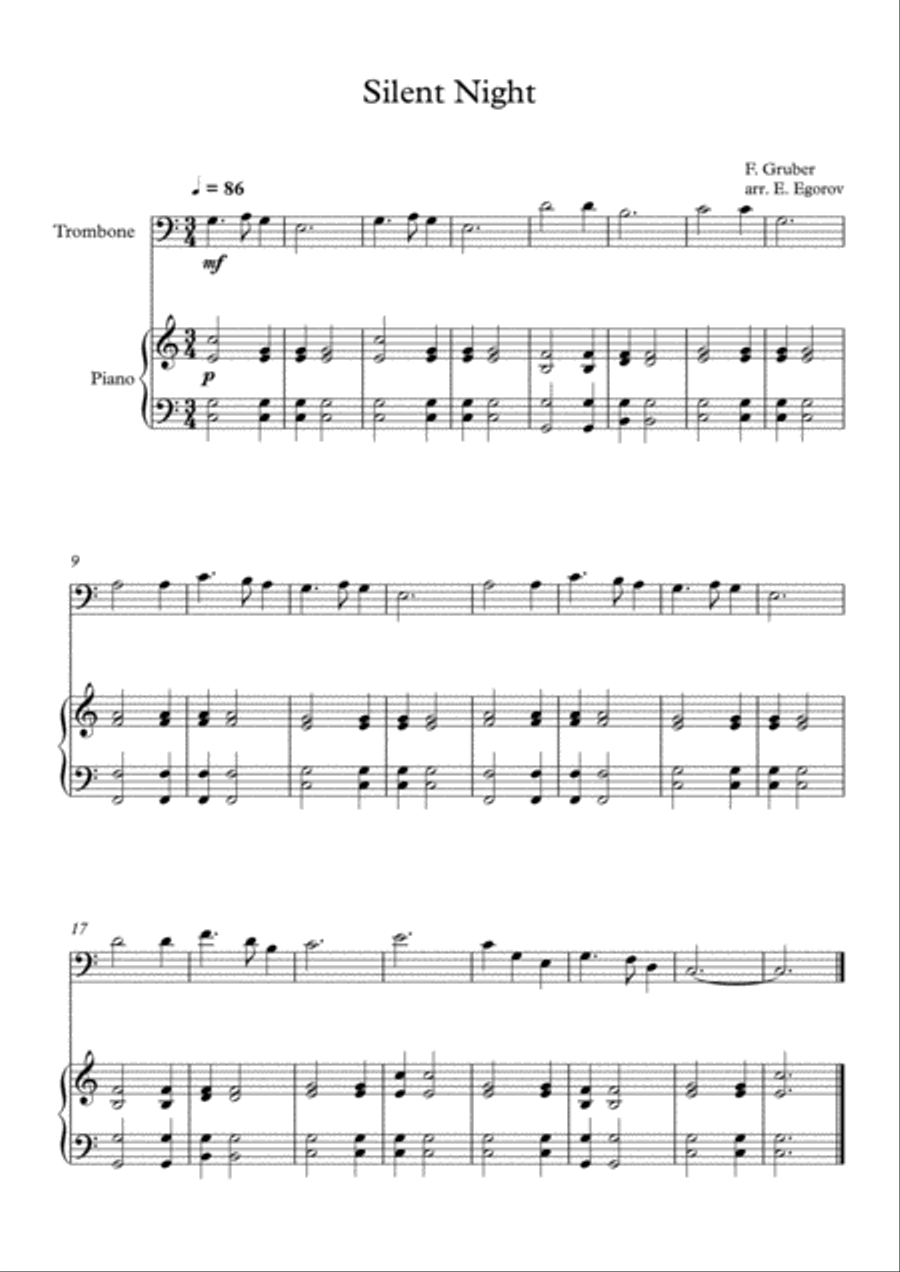 Silent Night, Franz Xaver Gruber, For Trombone & Piano Piano Accompaniment scores gallery preview page 1