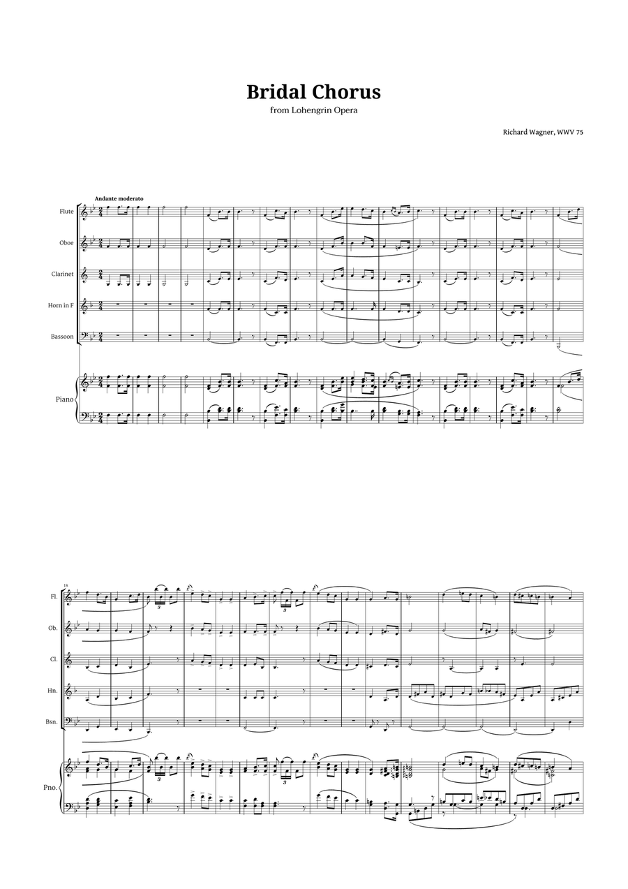 Bridal Chorus by Wagner for Woodwind Quintet and Piano image number null