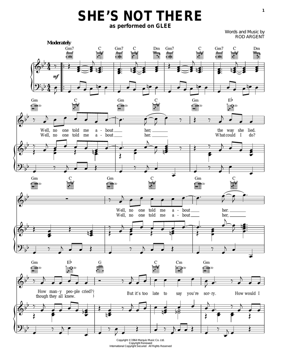 She's Not There Piano, Vocal, Guitar scores gallery preview page 1