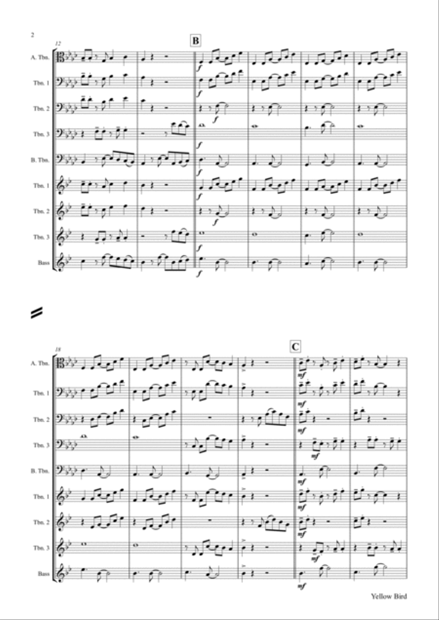 Yellow Bird - Haitian Folk Song - Calypso - Trombone quartet Trombone Quartet scores gallery preview page 2