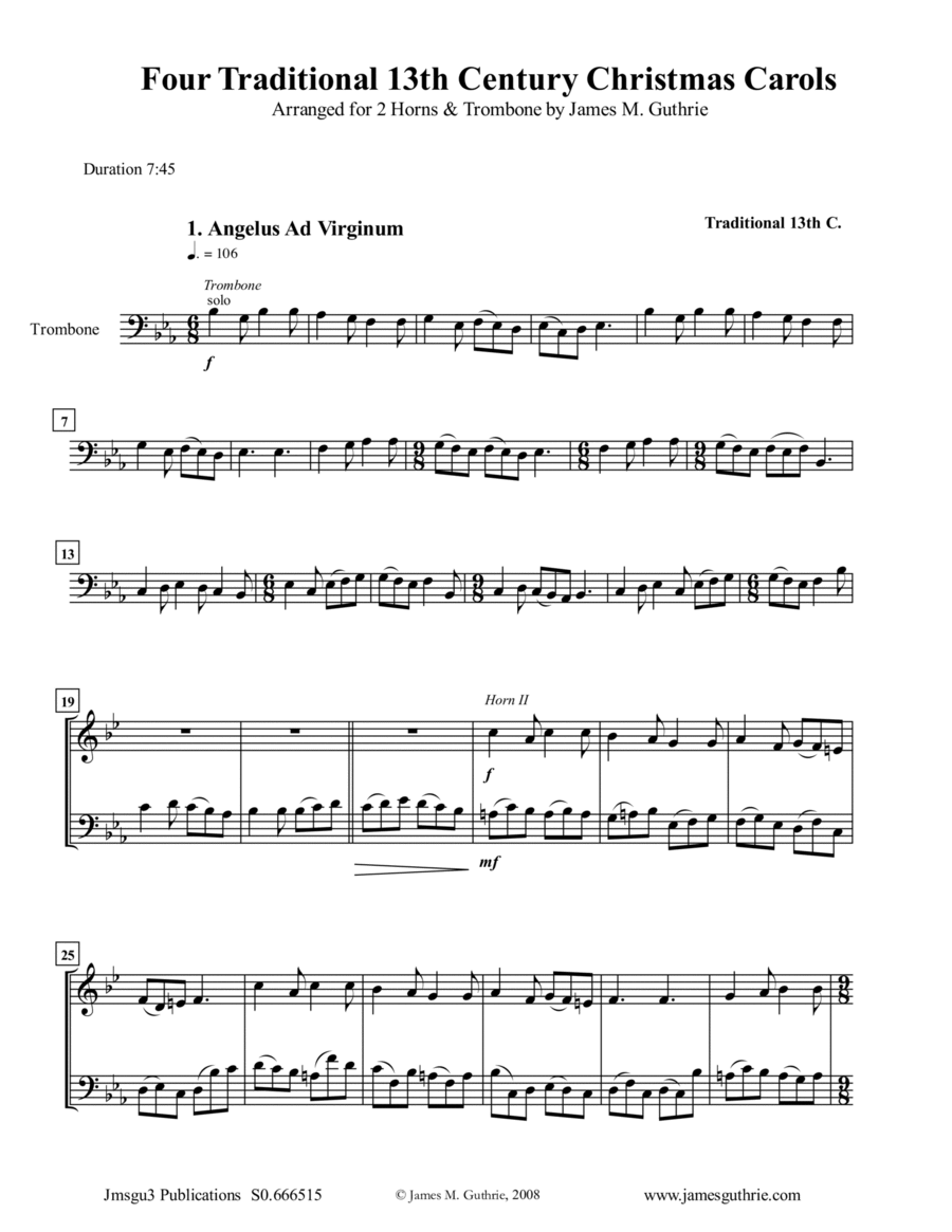Four Traditional 13th Century Christmas Carols for 2 Horns & Trombone Horn scores gallery preview page 1