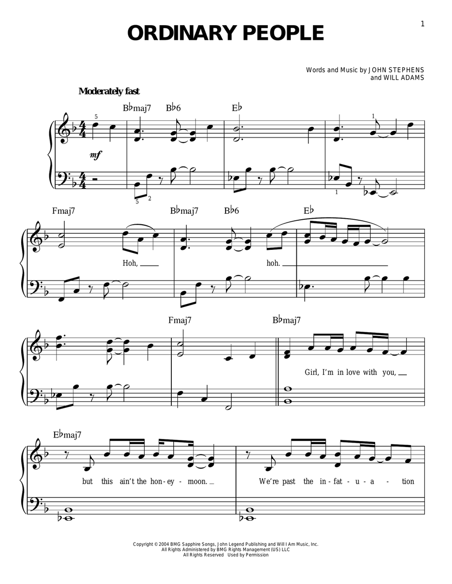 Ordinary People Easy Piano scores gallery preview page 1