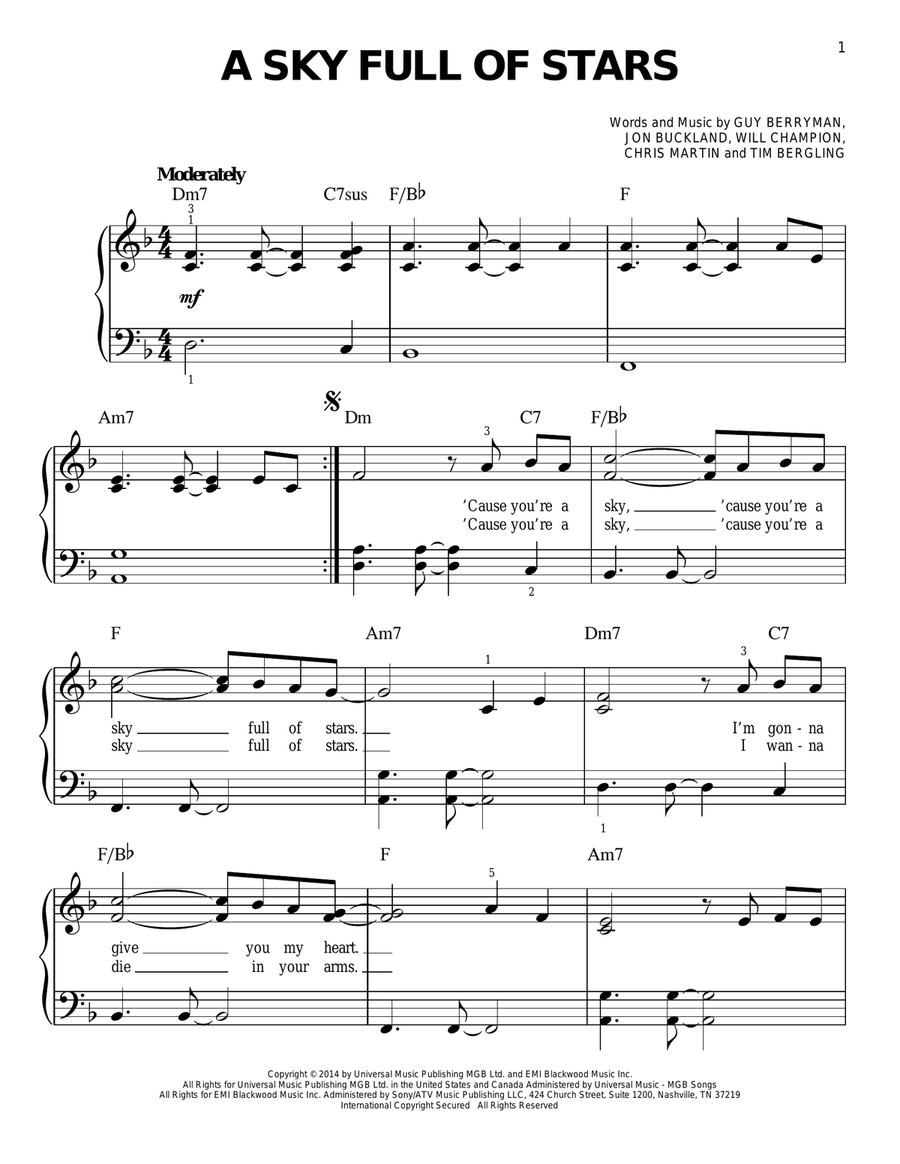 A Sky Full Of Stars A Sky Full Of Stars Easy Piano scores gallery preview page 1