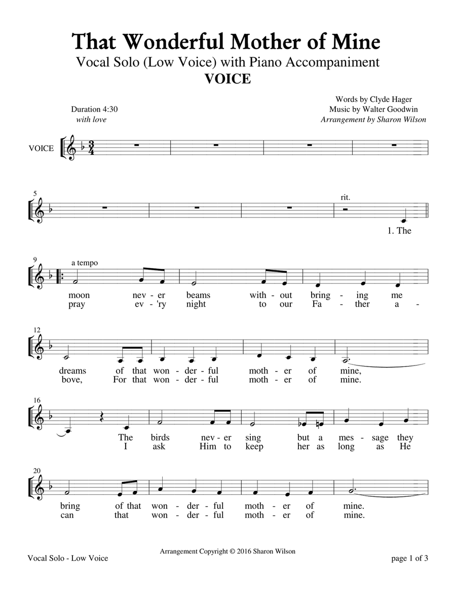 That Wonderful Mother of Mine - Low Voice (Vocal Solo with Piano Accompaniment) Piano, Vocal scores gallery preview page 1
