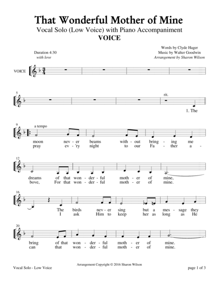That Wonderful Mother of Mine - Low Voice (Vocal Solo with Piano Accompaniment) image number null