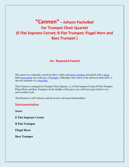 Canon - Johann Pachebel (Trumpet Choir Quartet) - E Flat Soprano Cornet; B Flat Trumpet; Flugelhorn image number null