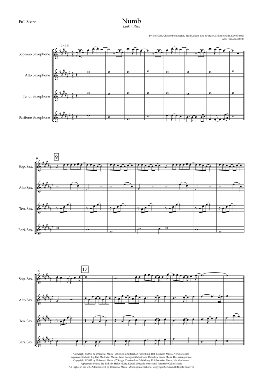 Numb Numb Saxophone Quartet scores gallery preview page 1