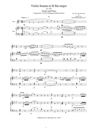 Mozart - Violin Sonata in B flat major K 570 for Violin and Piano - Score and Part