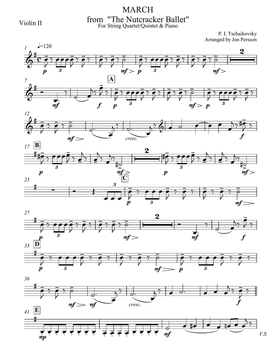 Nutcracker Ballet - March for Strings and Piano - Violin 2 Part Piano Quintet scores gallery preview page 1