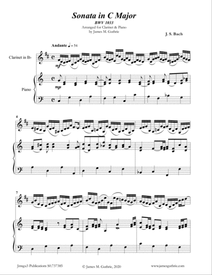 Book cover for BACH: Sonata in C Major BWV 1033 for Clarinet & Piano