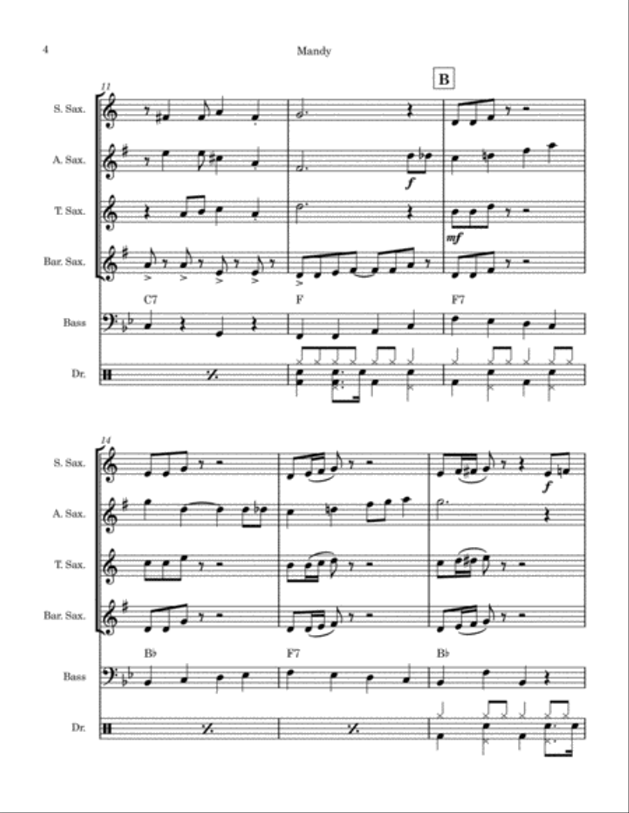 Mandy (Saxophone Quartet) Saxophone Quartet scores gallery preview page 4