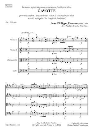Book cover for Rameau's Gavotte for TRIO: solo violin with a second violin and viola/cello. Parts and score.