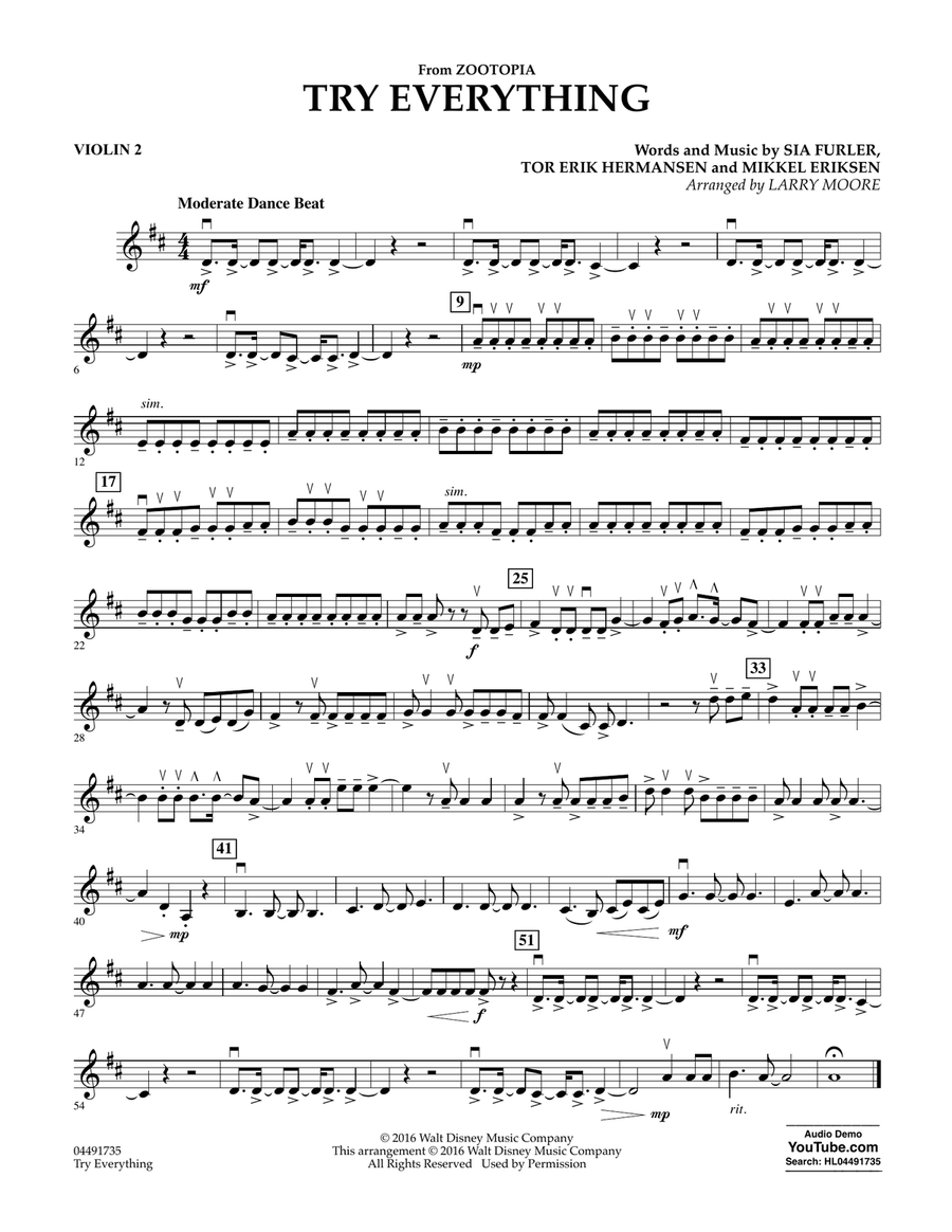 Try Everything (from Zootopia) - Violin 2