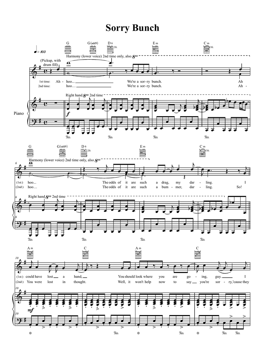 Sorry Bunch Sorry Bunch Piano, Vocal, Guitar scores gallery preview page 1