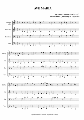 Book cover for AVE MARIA - J. Arcadelt - Arr. for Brass Quartet (Tp Bb, Horn, Tbn, Tuba)