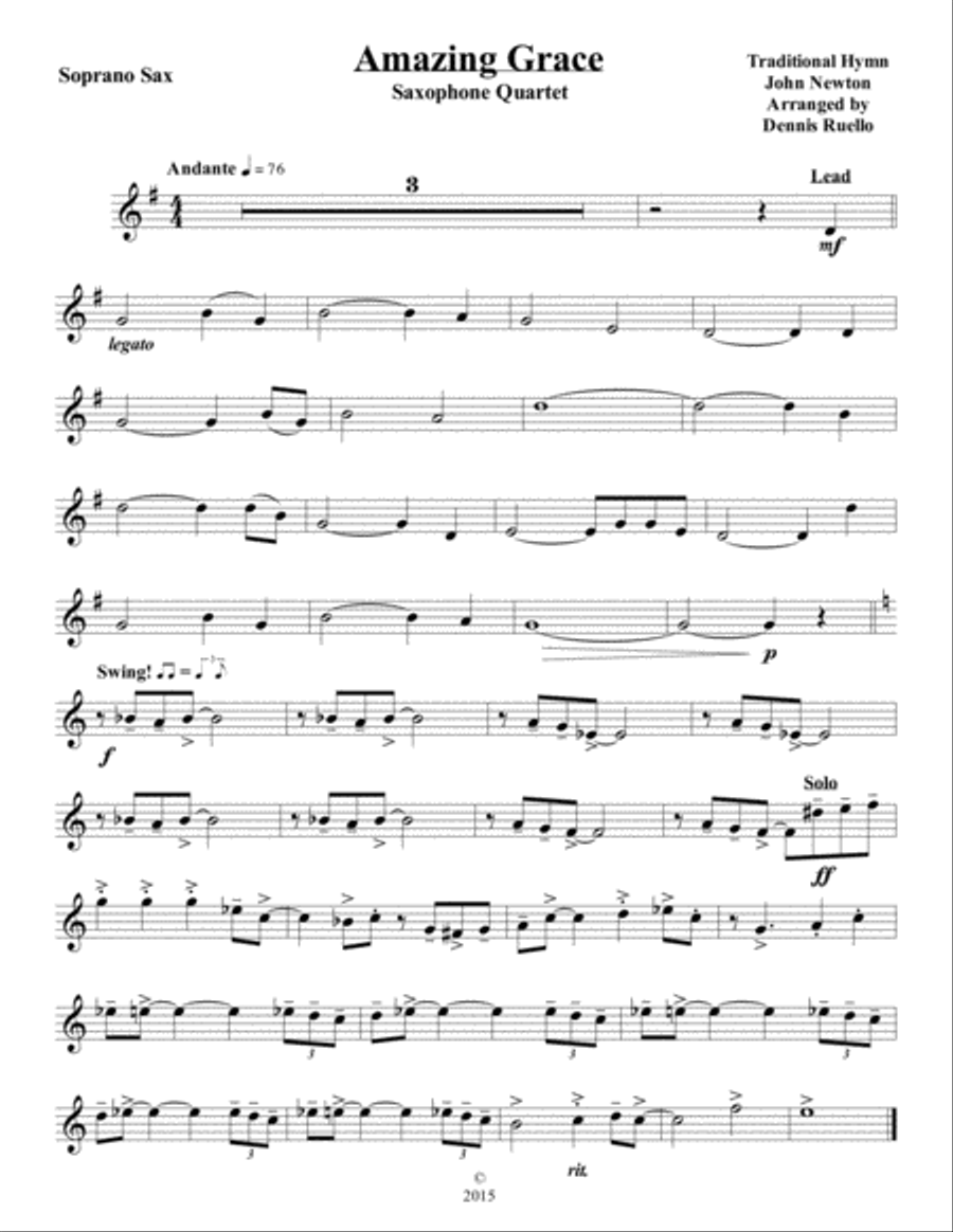 Amazing Grace - Saxophone Quartet (SATB or AATB) - Jazz Funeral Style Saxophone Quartet scores gallery preview page 5