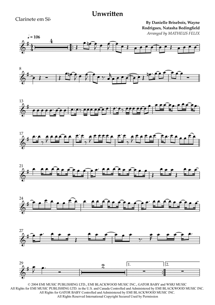Unwritten B-Flat Clarinet scores gallery preview page 1