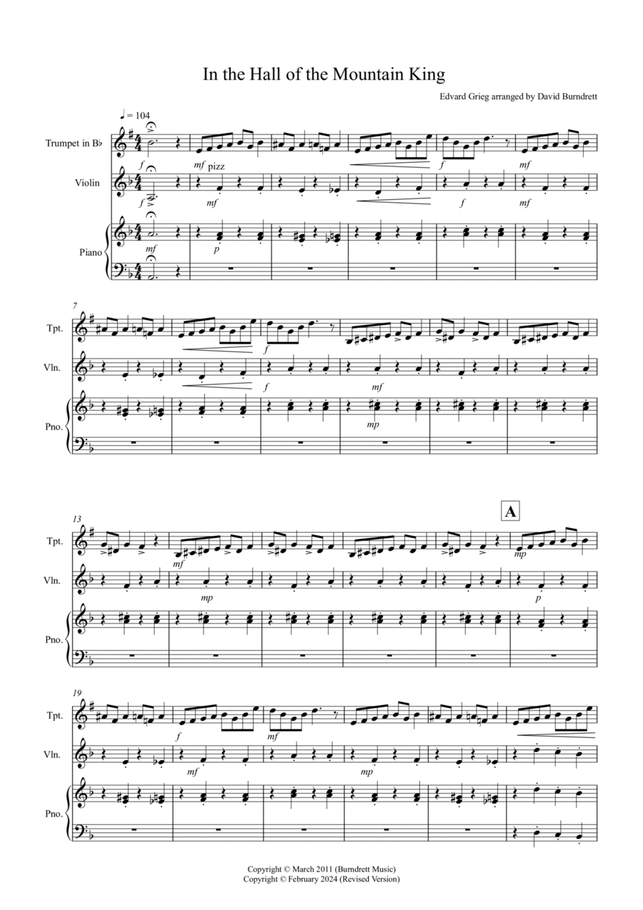 In the Hall of the Mountain King for Trumpet and Violin Duet B-Flat Trumpet scores gallery preview page 1