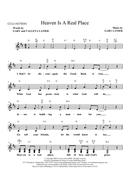 HEAVEN IS A REAL PLACE (Lead Sheet with mel, lyrics and chords) image number null